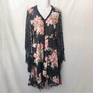 Aratta Medium NWT Floral Black Dress with Lace Sleeves knee length